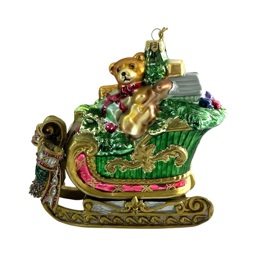 Glass Teddy Bear Sleigh Christmas Ornament Green Gold Gifts & Glitter 5”